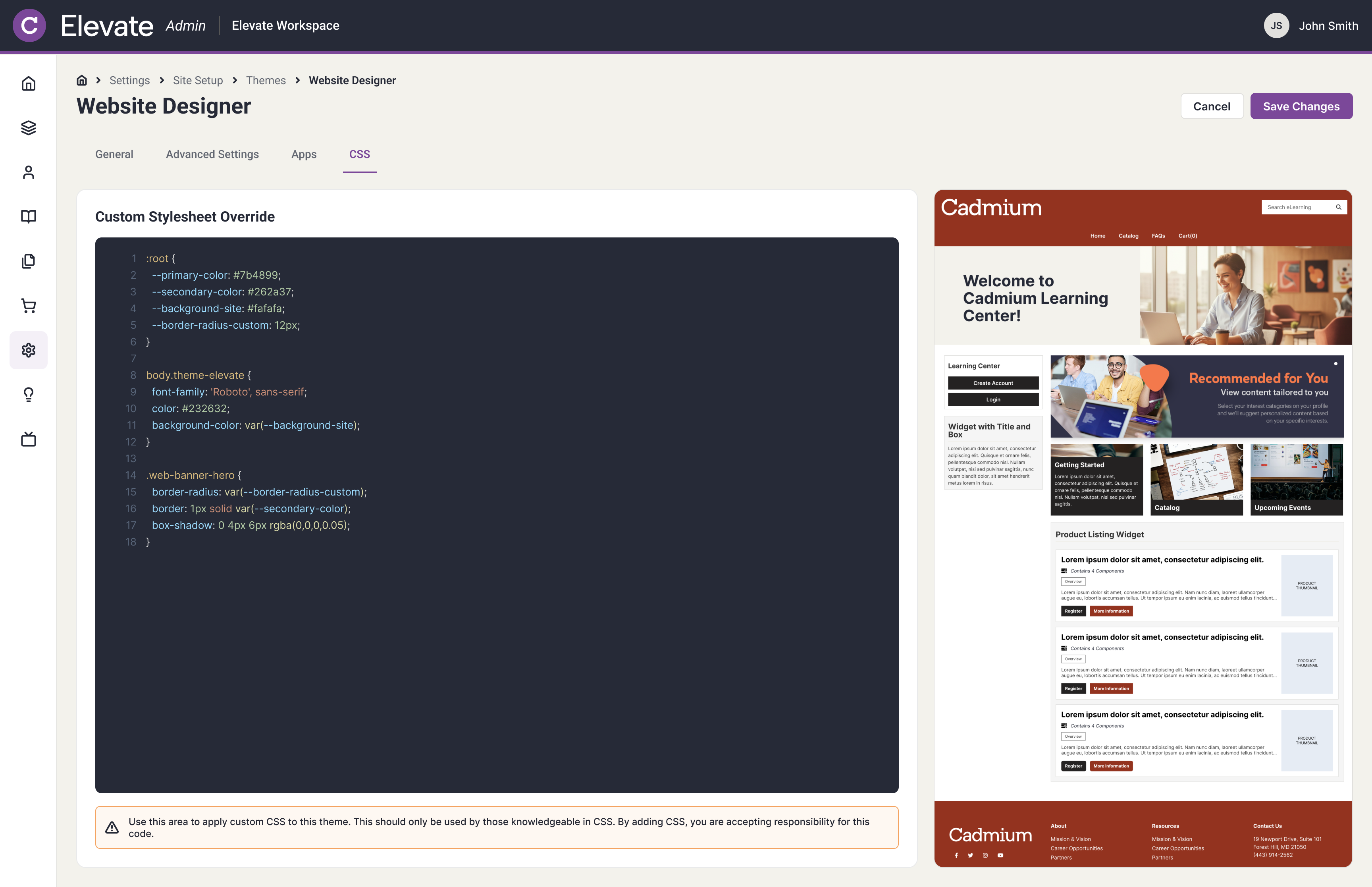 Website Designer admin screen, CSS tab, showing a custom stylesheet override code editor with CSS variables for primary and secondary color, background, and border radius