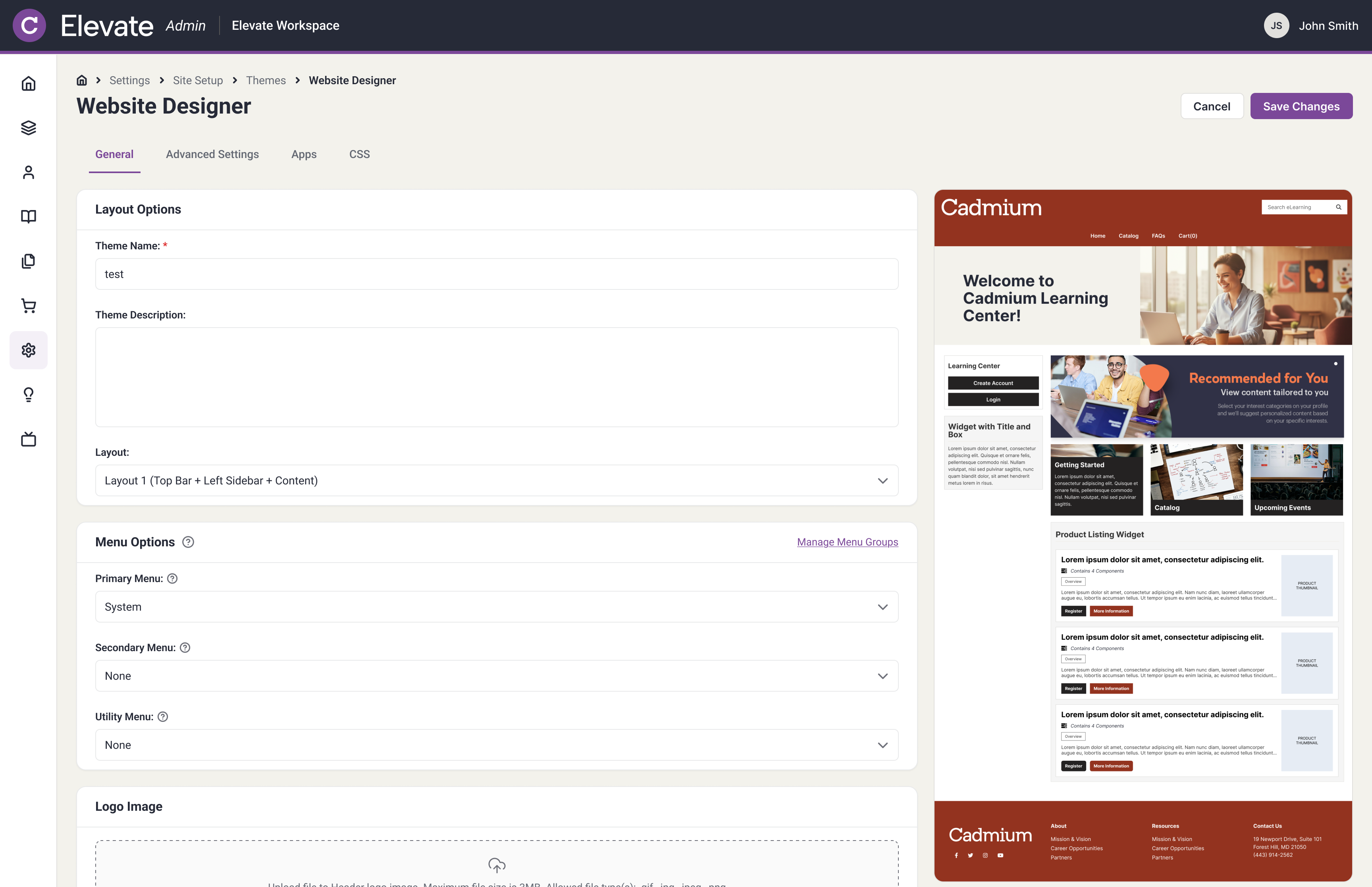 Website Designer admin screen, General tab, showing Layout Options (theme name, description, layout dropdown), Menu Options (primary, secondary, and utility menus), and a logo image uploader, next to a live preview of the client site