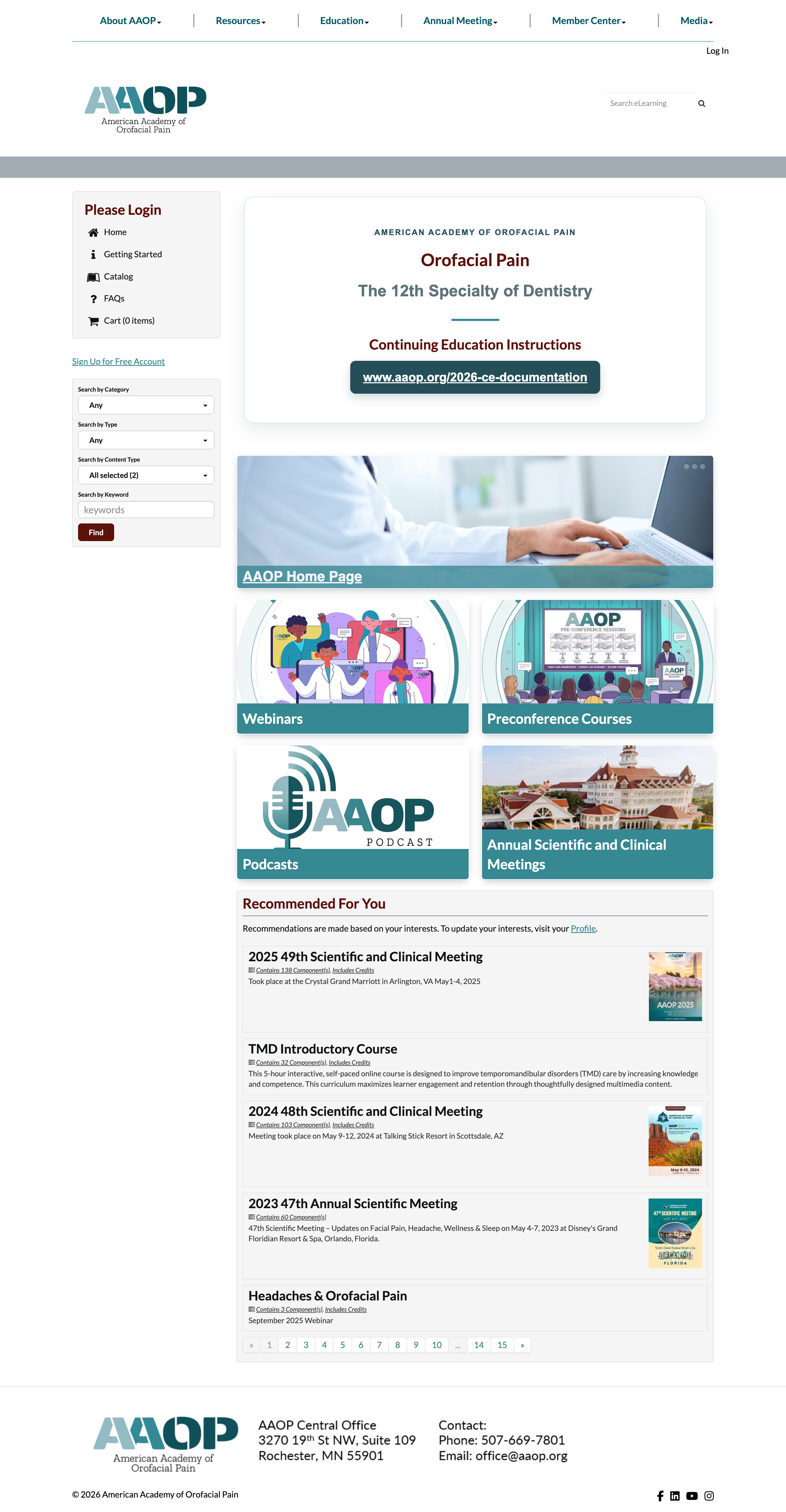 AAOP homepage — a teal and maroon branded site with a left sidebar navigation, hero carousel, four themed content tiles, and a paginated recommended-courses list