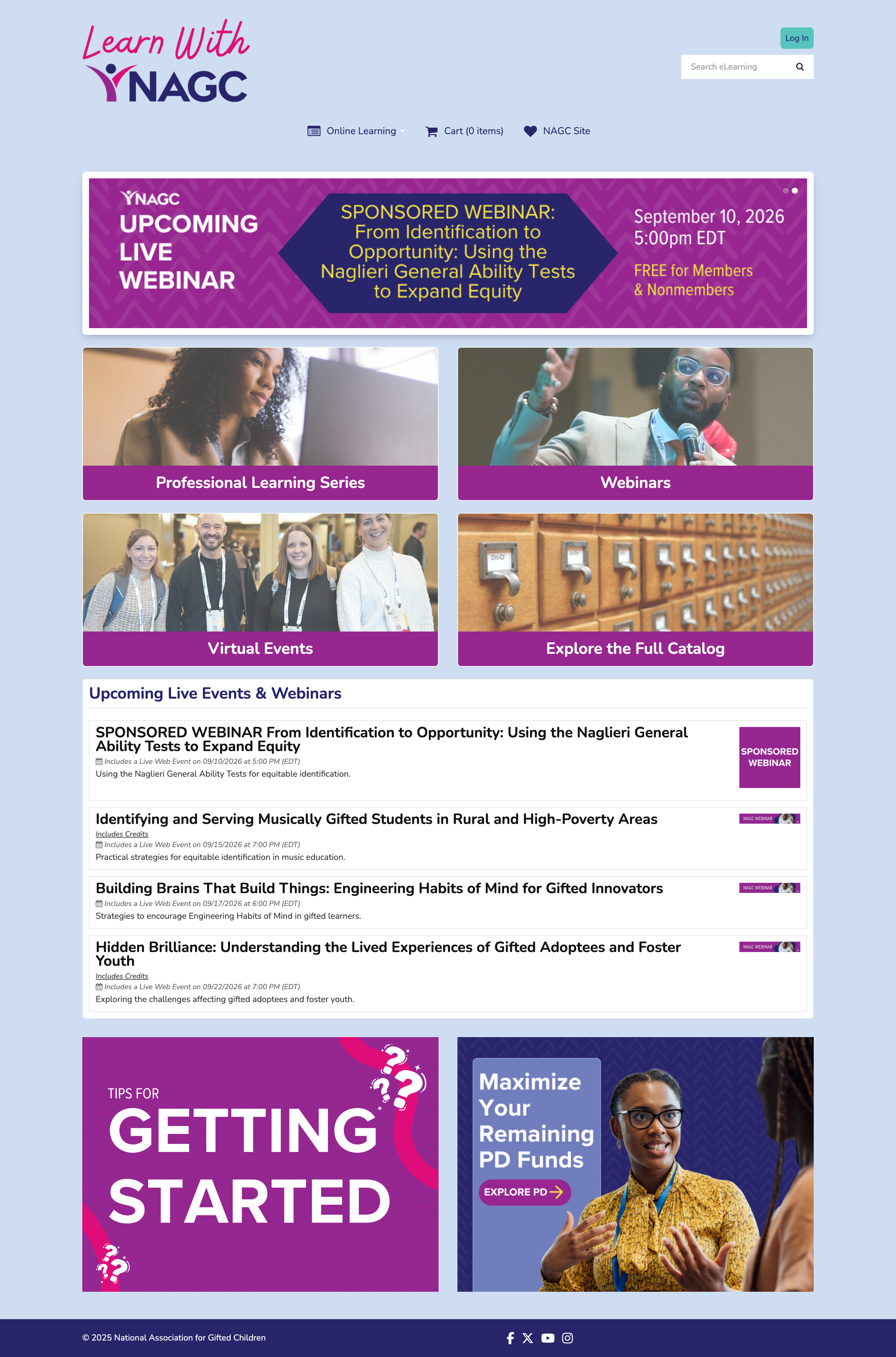 Learn With NAGC homepage — a pink and purple branded eLearning site with an upcoming-webinar banner, four themed content tiles, and a live events list, built on the shipped Elevate theme system