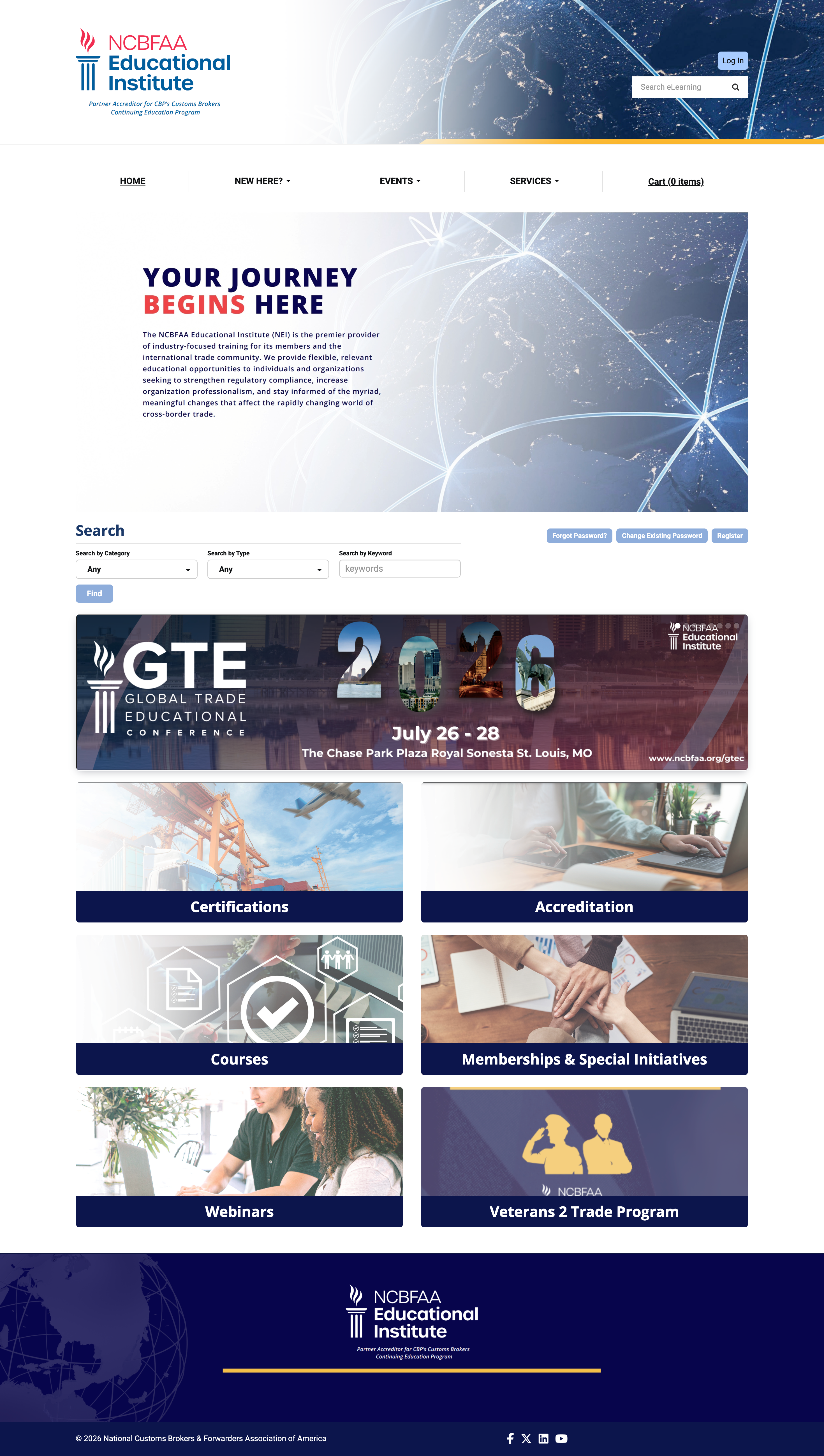 NCBFAA Educational Institute homepage — a navy and red branded site with a global-trade hero banner, course search filters, and six themed content tiles, built on the same shipped theme system