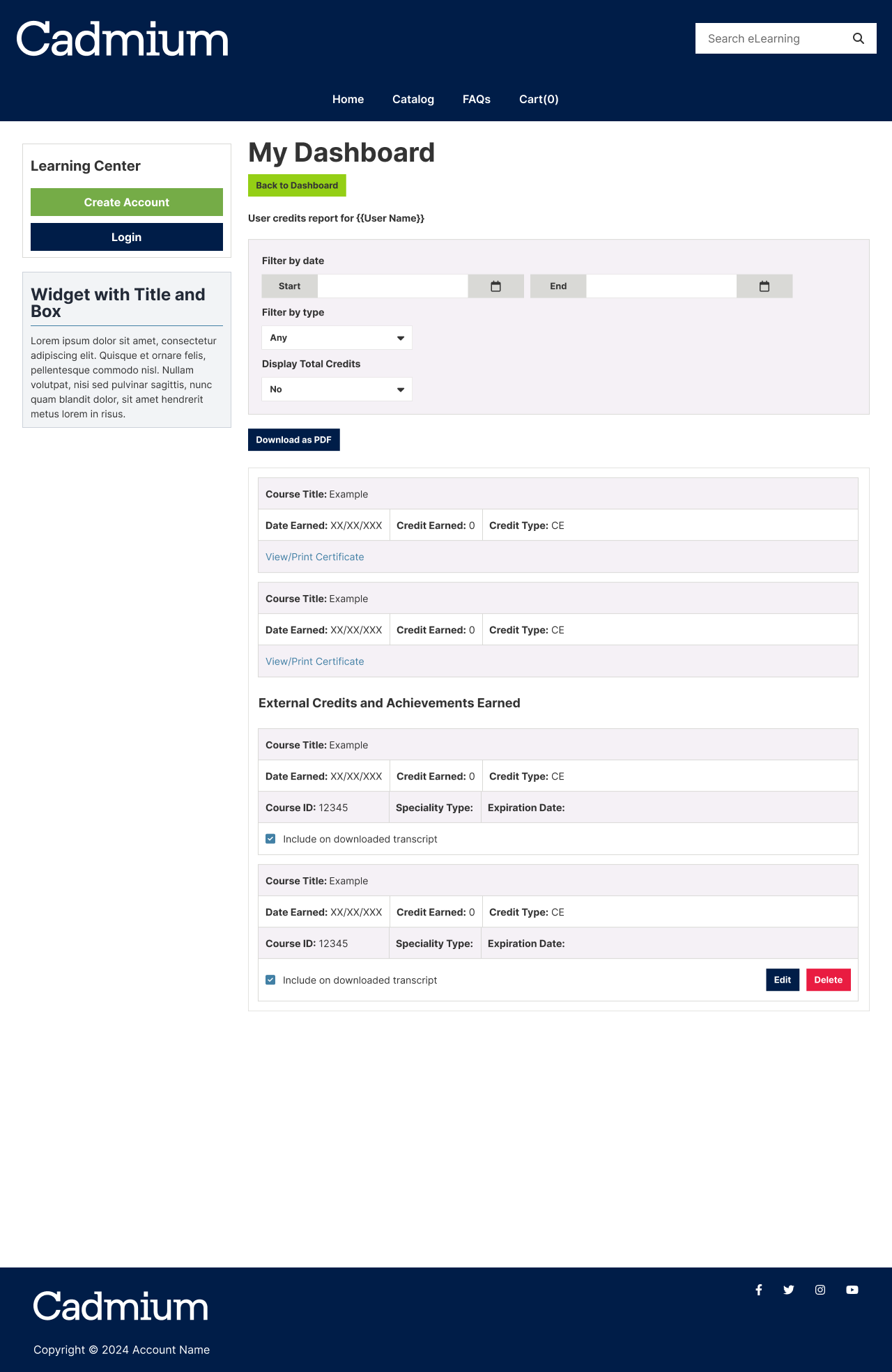 A fully themed member dashboard mockup — navigation, summary cards, and a progress table, all rendered in the same client palette and type scale to show the theme system holding on a logged-in interior screen
