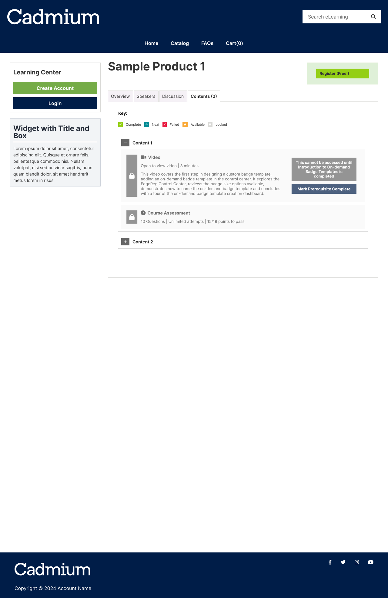 A fully themed interior page mockup — a course listing view with search filters, a grid of course cards, and pagination, dressed in a client palette to show the theme system holding two levels below the homepage