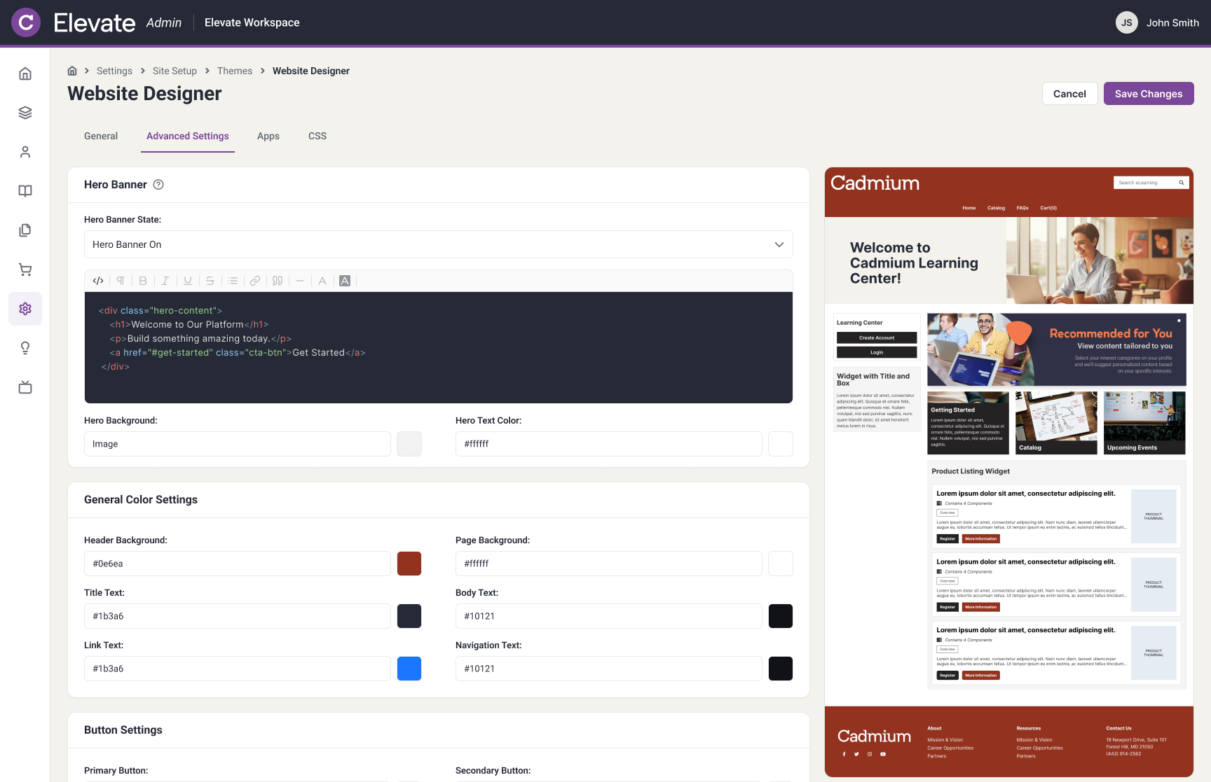 Website Designer admin screen showing the Advanced Settings tab — hero banner code, hero background and text color, and general color settings for header, page, title, link, and body text — next to a live preview of the client site