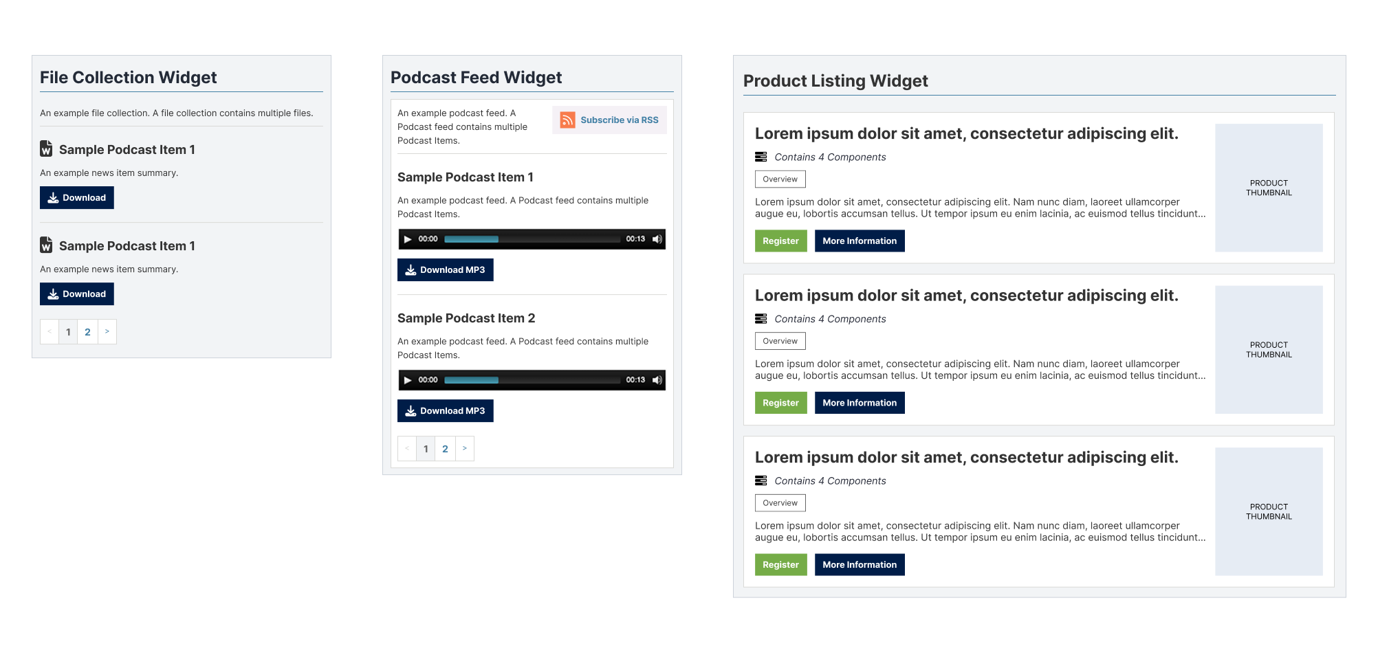Three widget mockups side by side — a podcast feed, an agenda, and a product grid — each rendered with the same theme variables for accent color, link color, type scale, and border radius rather than hardcoded values