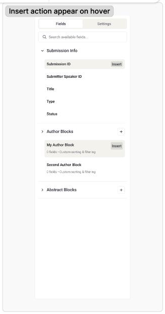 Wireframe labeled 'Insert action appear on hover,' showing the Insert button only visible on the hovered field row