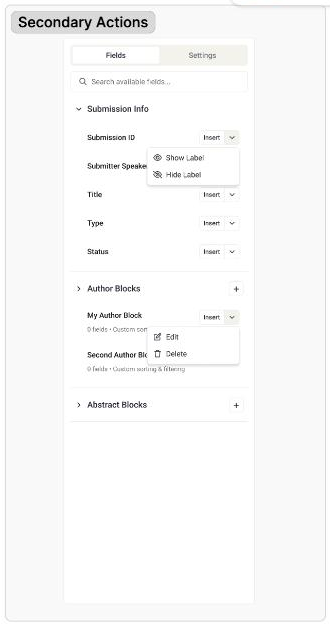 Wireframe labeled 'Secondary Actions,' showing an always-visible Insert button with a dropdown chevron on every field row