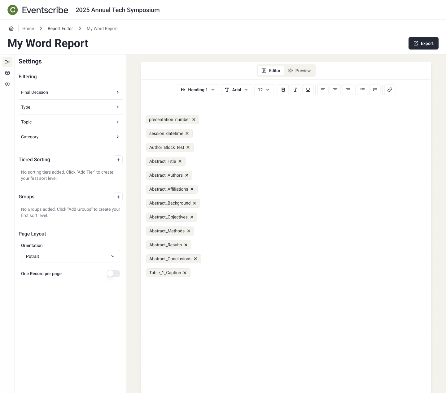 Settings panel with Filtering, Tiered Sorting, Groups, and Page Layout sections