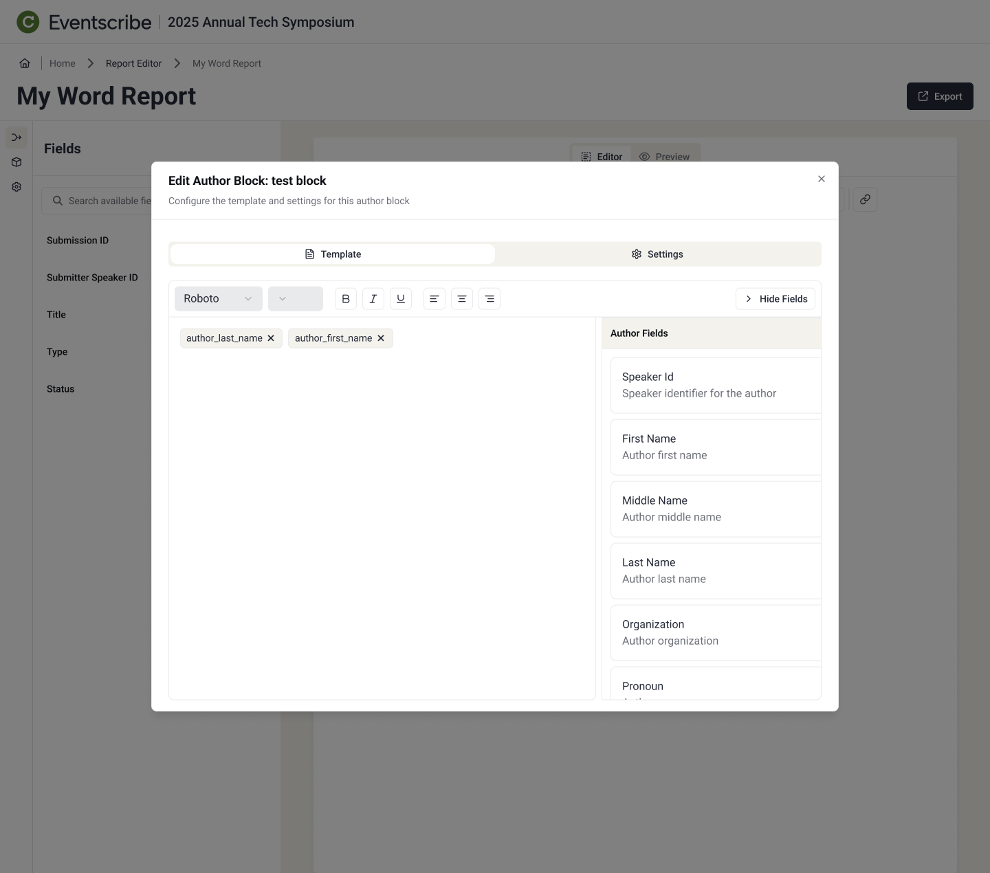 Edit Author Block modal, showing a template with author_last_name and author_first_name tokens next to a list of available author fields