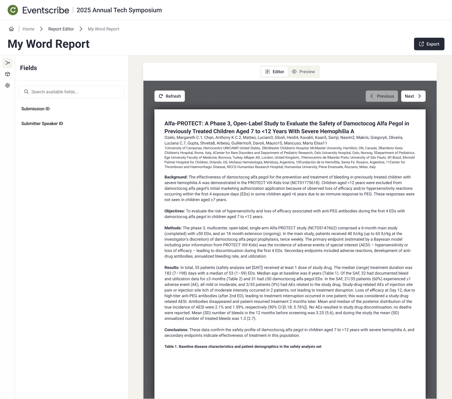 Preview mode showing a rendered submitter record with Previous and Next navigation