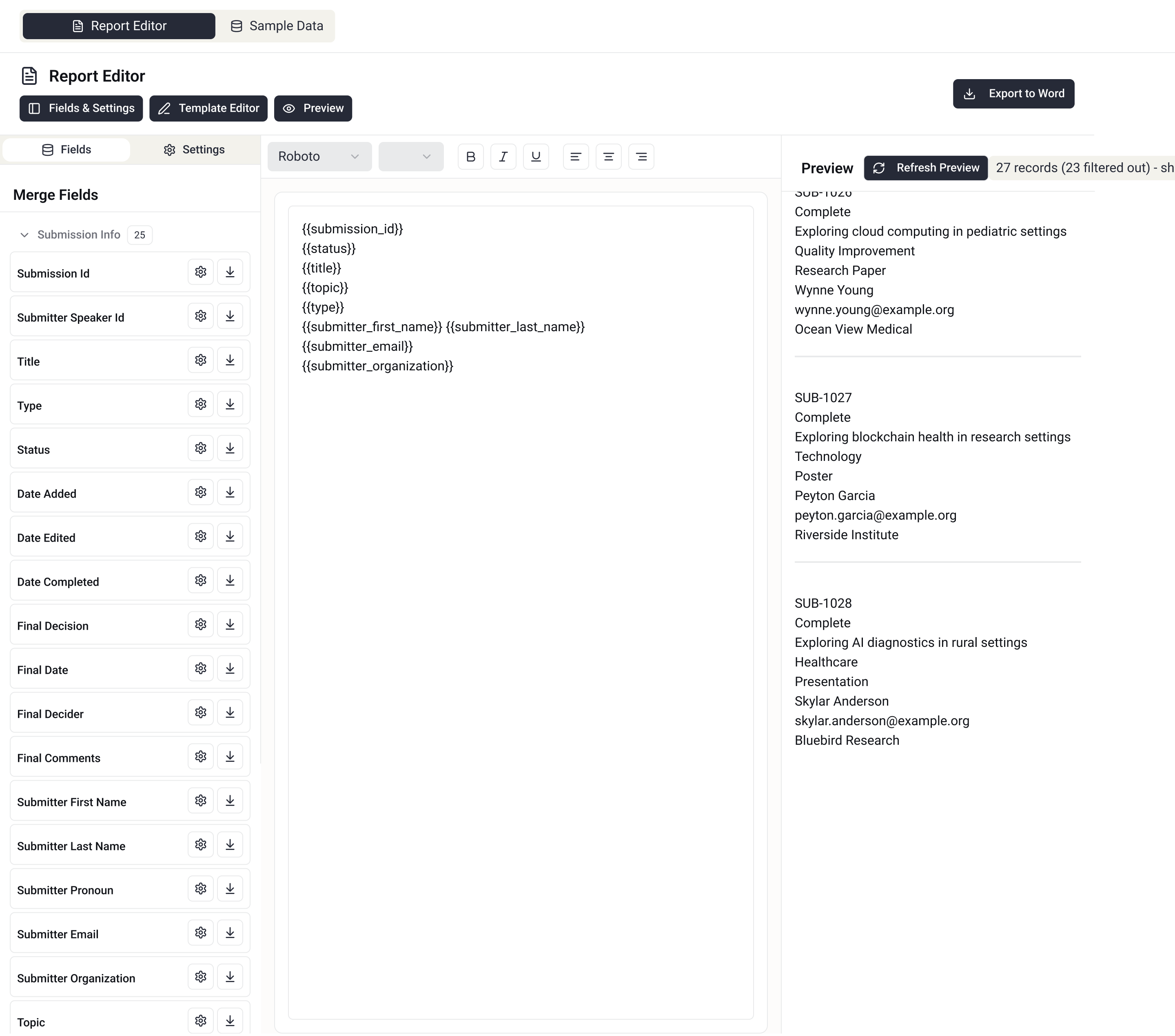 V1 Merge Fields panel listing around two dozen individual fields, each with its own settings gear icon and download icon, all visible at once in a single scrolling list