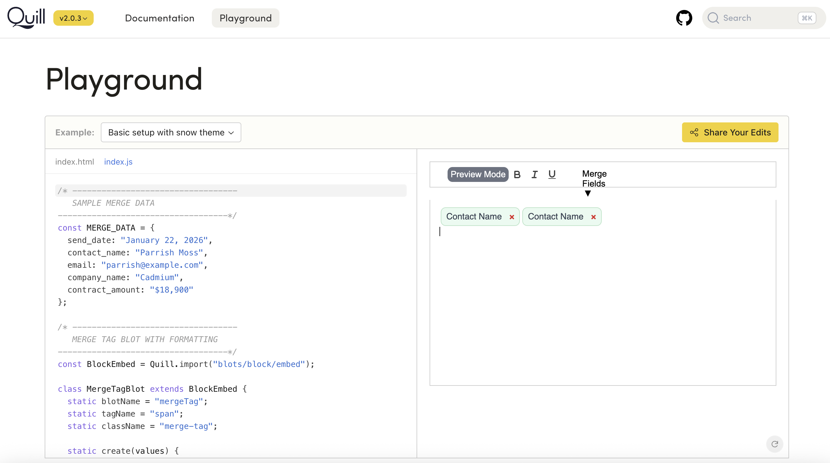 Quill.js Playground running the MergeTagBlot implementation in Preview Mode, showing two Contact Name merge tags inserted as removable chip blocks in the editor, with the JavaScript code defining the blot alongside